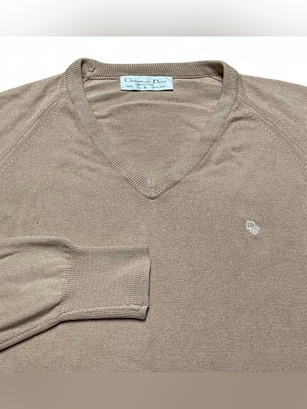 Vintage Christian Dior V-neck Sweater Sz L Tan Embroidered Acrylic USA Made Knit